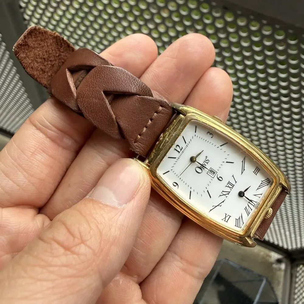 Vintage Orvis Dual Time Gold Plated Men’s Dress Wrist Watch Woven Brown Bracelet